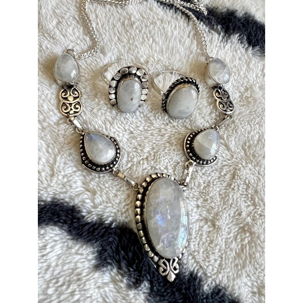 925 Rainbow Flash Moonstone Necklace + Ring Set - Picture 3 of 9